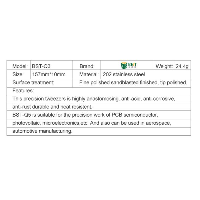 Pince Brucelle (Pointu) 0.01 mm Best BST-Q3 Acier Inoxydable 7