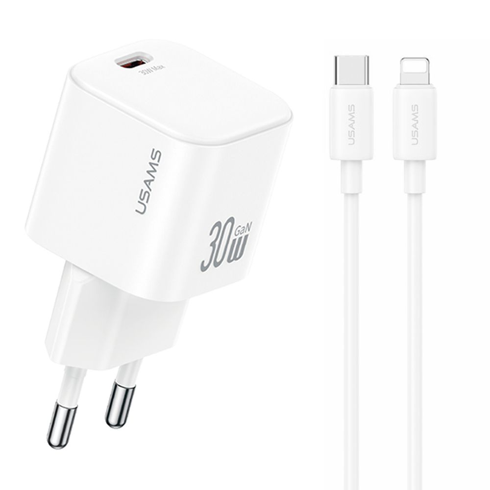 Kit Chargeur Rapide GaN 30W + Câble iPhone (1m) - Usams JO Series - Blanc