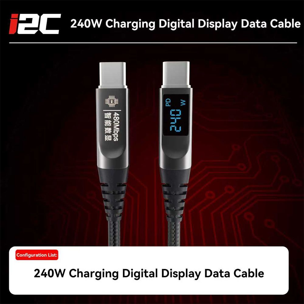 Câble Tressé USB Type-C vers USB Type-C 240W PD 480 Mbps Charge Rapide avec affichage digital I2C Noir