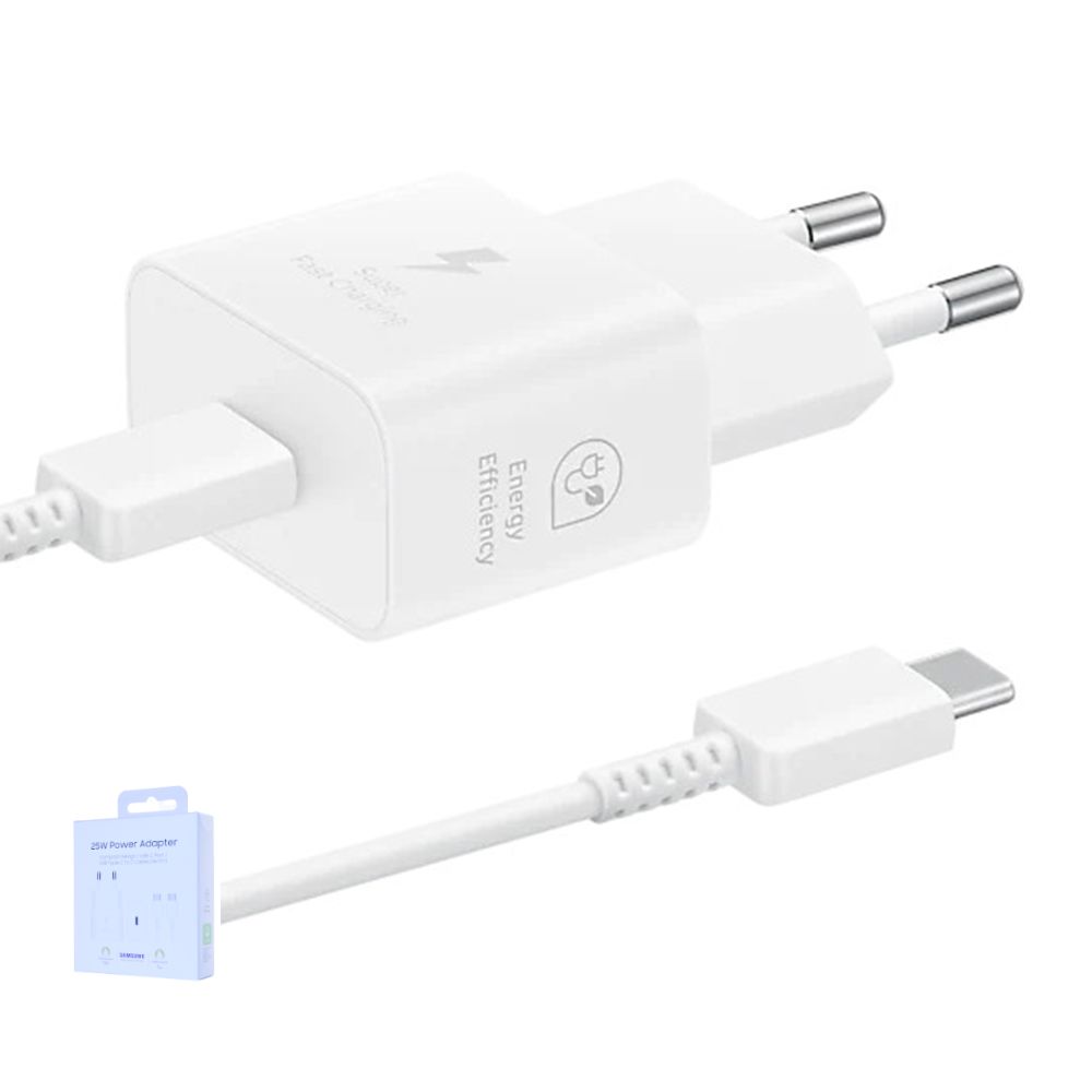 Kit chargeur Samsung Galaxy Type-C (25W) + Câble USB-C (3A/1m) Ultra Rapide EP-T2510 Blanc Origine