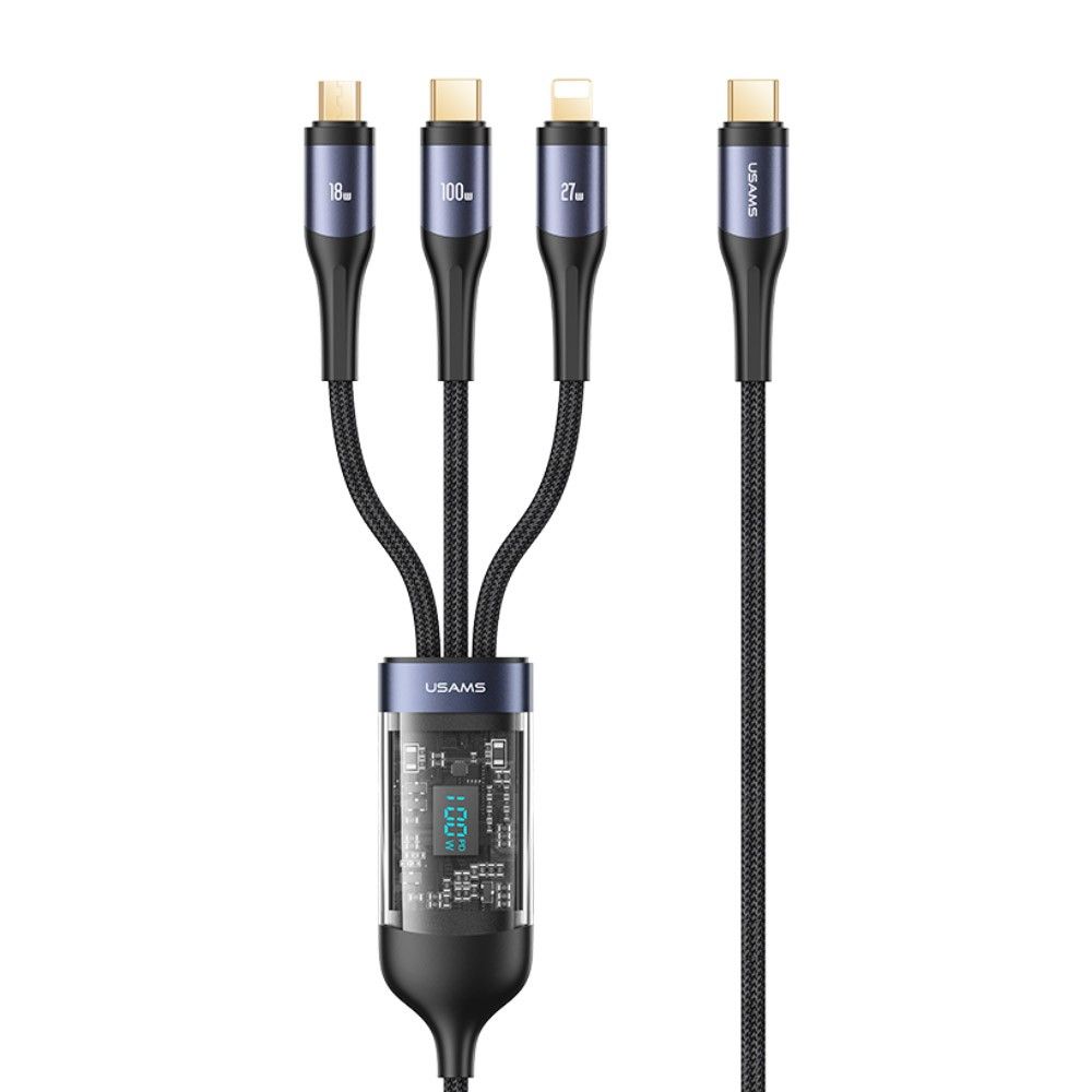 Câble Tressé 3 en 1 Affichage Numérique Transparant (Micro USB + Type-C + pour iPhone) 100W (1,2m) Usams US-SJ600 U83 Noir