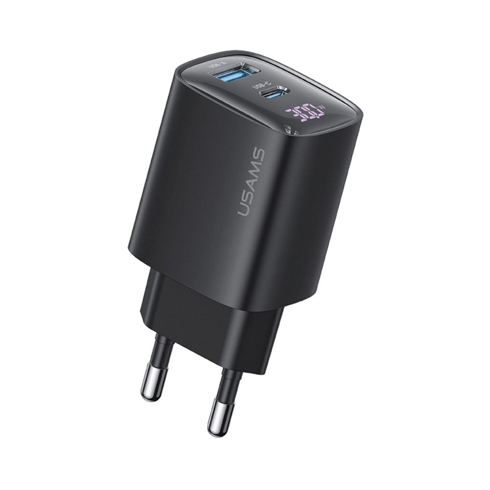 Chargeur Rapide avec Afficheur USB + USB-C 30W GaN Usams CC229 / XC Series Noir