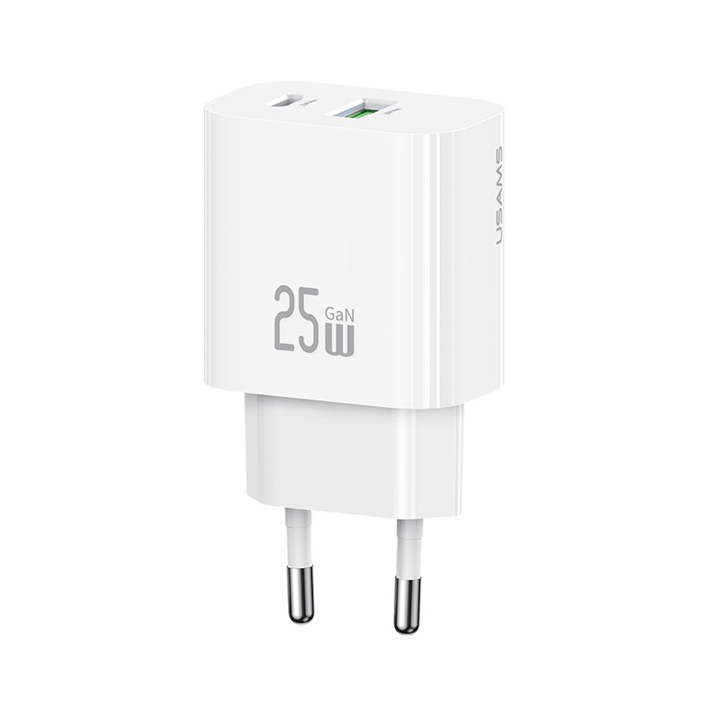 Chargeur Rapide Deux Ports GaN USB-A + USB-C 25W Usams CC315 T65 Blanc