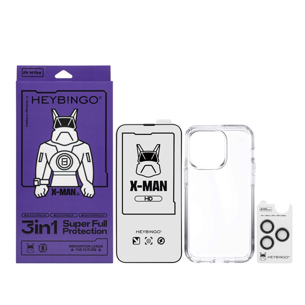 Coque / Verre trempé / Protection caméra iPhone 15 Pro Max Heybingo Antistatique HD3in1 Super Full Protection