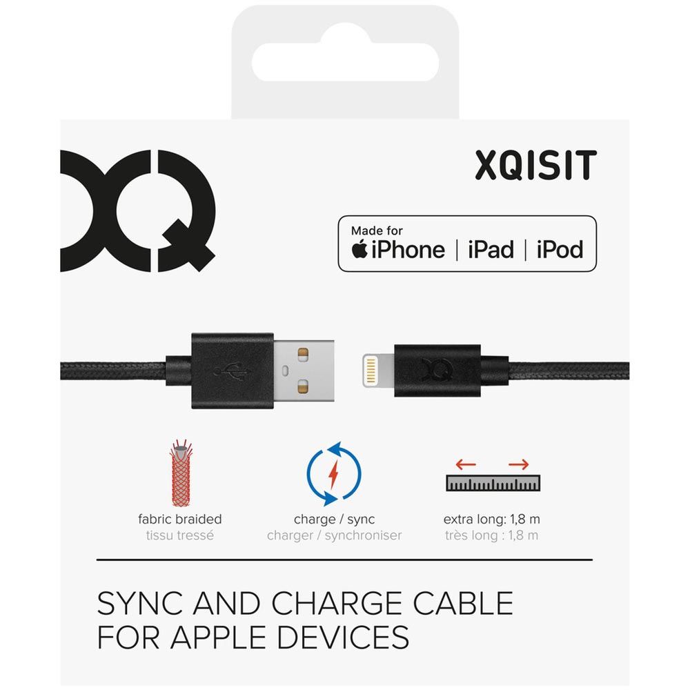 XQISIT - Câble Apple USB vers Lightning MFI - 1,8 m Noir